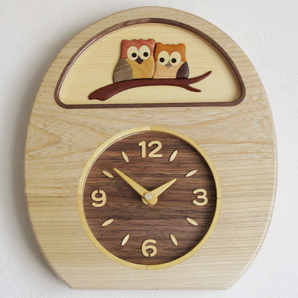 掛け時計｜掛け時計 木製時計 ふくろう 置き時計 寄せ木 掛置兼用